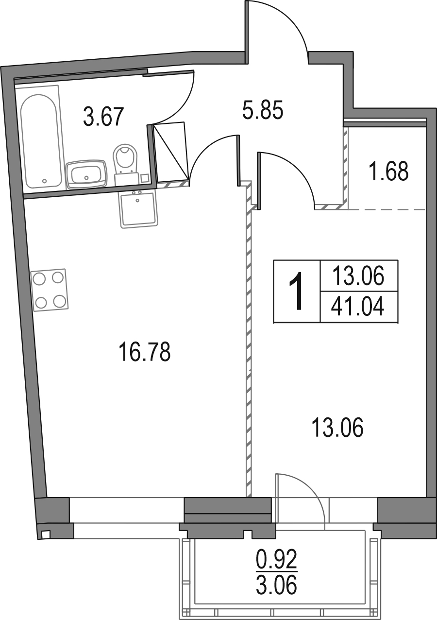 1-комнатная квартира 41.04 м², 2/13 эт., ЖК «Приморский квартал»